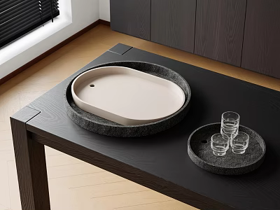 Decorative Ornament Set With Oval Tray Round Tray And Glass Cups On Table 3d model
