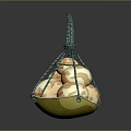 White Eggs With Brown Spots In Yellow Basket Hanging By Green Rope