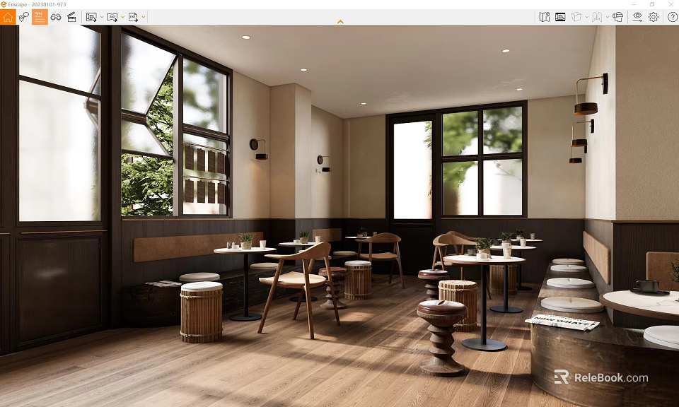 Elegant Restaurant Interior With Large Windows Wooden Floors Tables Chairs Benches And Wall Mounted Lights 3d model 