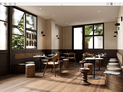 Elegant Restaurant Interior With Large Windows Wooden Floors Tables Chairs Benches And Wall Mounted Lights 3d model