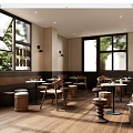 Elegant Restaurant Interior With Large Windows Wooden Floors Tables Chairs Benches And Wall Mounted Lights