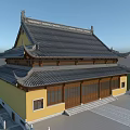 Traditional Chinese Ancient Architecture With Yellow Walls Black Roof Overhanging Eaves And White Railings