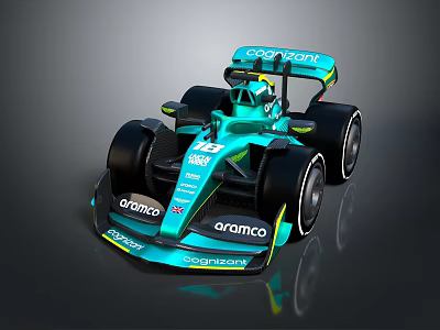 Teal Race Car Featuring Streamlined Design Large Tires ARAMCO GOODYEAR Logos and Cockpit Driver 3d model