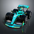 Teal Race Car Featuring Streamlined Design Large Tires ARAMCO GOODYEAR Logos and Cockpit Driver
