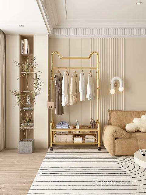 Stylish Clothes On Golden Cat Shaped Rack With Folded Garments In Living Room Interior 3d model 
