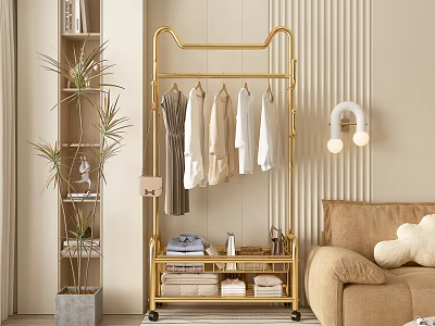 Stylish Clothes On Golden Cat Shaped Rack With Folded Garments In Living Room Interior 3d model