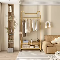 Stylish Clothes On Golden Cat Shaped Rack With Folded Garments In Living Room Interior