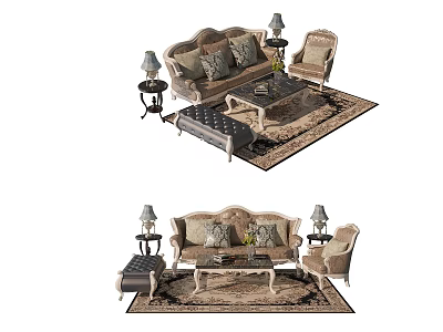 Ornate Sofa Coffee Table Combination With Armchair Ottoman Side Table Lamp And Area Rug 3d model
