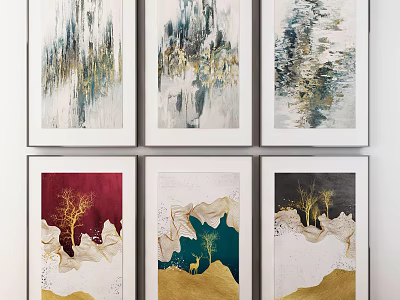 Six Framed Abstract Paintings With Gold Accents Trees Deer And Colorful Backgrounds 3d model