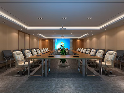 Modern Conference Room Interior With Long Table White Chairs Central Green Plant And Ceiling Lights 3d model