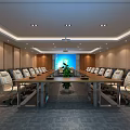 Modern Conference Room Interior With Long Table White Chairs Central Green Plant And Ceiling Lights
