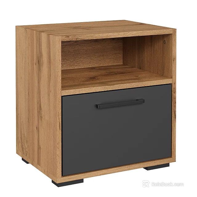 Wooden Bedside Table With Gray Drawer Black Handle And Open Shelf 3d model 