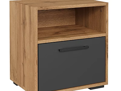 Wooden Bedside Table With Gray Drawer Black Handle And Open Shelf 3d model