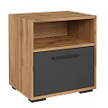 Wooden Bedside Table With Gray Drawer Black Handle And Open Shelf