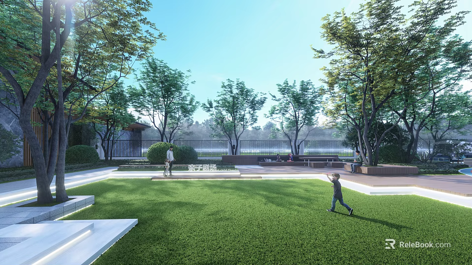 Vibrant Park Landscape Showcasing Lush Lawn Tall Trees And Children Playing 3d model 