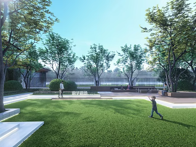 Vibrant Park Landscape Showcasing Lush Lawn Tall Trees And Children Playing 3d model