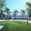 Modern park district waterscape landscape between houses under forest activity area under forest chess and card space central axis waterscape wall 3d model