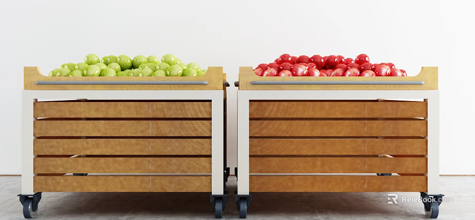 Wooden Display Shelves with Wheels Holding Fresh Green and Red Apples 3d model 