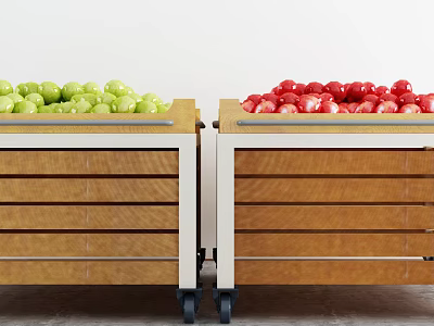 Wooden Display Shelves with Wheels Holding Fresh Green and Red Apples 3d model