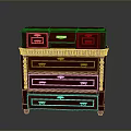 Dark Brown Wooden Chest of Drawers with Intricate Carvings and Metal Handles
