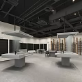 Modern Exhibition Space Interior With Geometric Display Stands Wooden Wall Panels And Industrial Ceiling