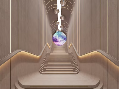 Modern Corridor Interior With Wooden Walls Illuminated Light Strips Curved Staircase And Colorful Spherical Art 3d model