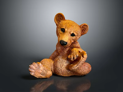 Brown Bear Stuffed Toy Sitting With Raised Front Paw On Dark Reflective Background 3d model