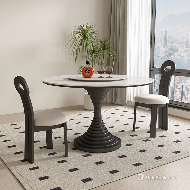 Round Dining Table With Spiral Base And Two Black Frame Chairs With White Cushions 3d model 
