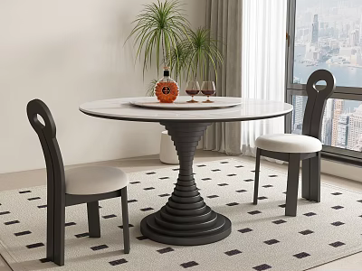 Round Dining Table With Spiral Base And Two Black Frame Chairs With White Cushions 3d model