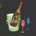 Champagne Bottle In Ice Bucket With Two Glasses Containing Champagne On Reflective Dark Background