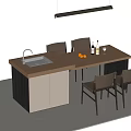 Modern Kitchen Bar Counter With Wooden Top Sink Chairs Wine Bottles And Fruits