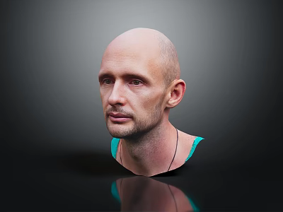 Male Character Bust Of Bald Man Wearing Green Tank Top On Dark Reflective Background 3d model