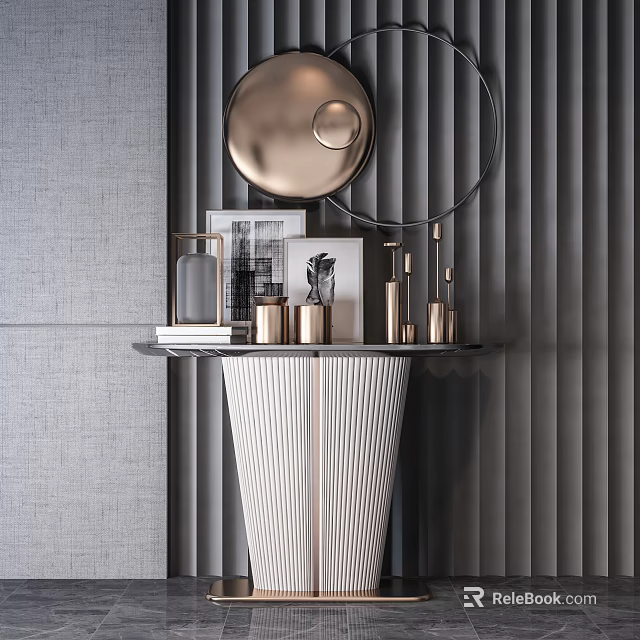Modern Console Table With Round Mirror Metallic Decorative Items And Striped Base 3d model