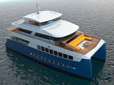 Luxury Catamaran Yacht With Blue White Hull And Spacious Sun Deck 3d model