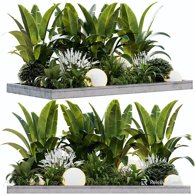 Modern Tree Planter With Lush Green Plants Large Leaves White Flowers And Decorative Lights 3d model 