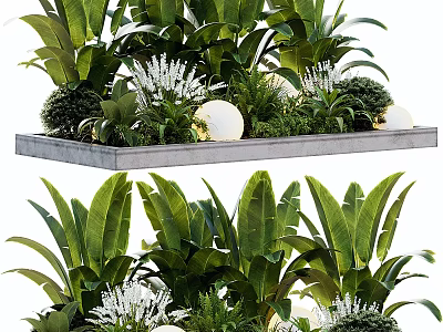 Modern Tree Planter With Lush Green Plants Large Leaves White Flowers And Decorative Lights 3d model