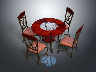 Round Dining Table Set With Red Glass Center Tabletop And Carved Backrest Pink Cushion Chairs 3d model