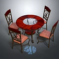 Round Dining Table Set With Red Glass Center Tabletop And Carved Backrest Pink Cushion Chairs