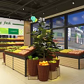 Supermarket Fresh Produce Section with Colorful Fruit Vegetable Shelves and Green Signage