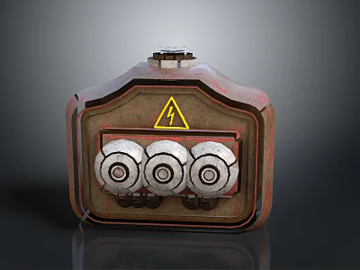 Vintage Household Electrical Control Device With Rustic Brown Case Warning Sign And Three Knobs 3d model