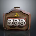 Vintage Household Electrical Control Device With Rustic Brown Case Warning Sign And Three Knobs