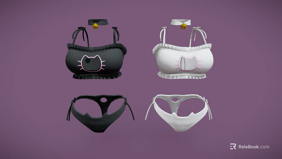 Cute Cat Pattern Women's Bikini Sets With Ruffle Trim In Black And White 3d model 