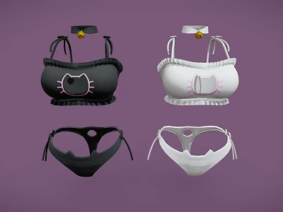 Cute Cat Pattern Women's Bikini Sets With Ruffle Trim In Black And White 3d model