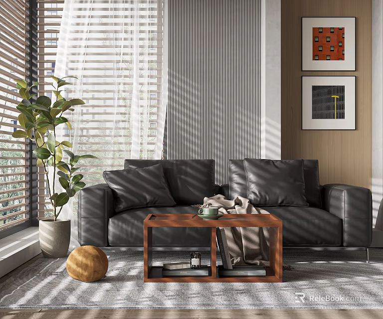 Black Sofa and Wooden Coffee Table Set with Plant Blinds and Paintings in Modern Interior 3d model 