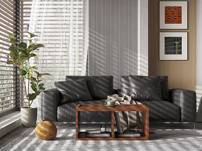 Black Sofa and Wooden Coffee Table Set with Plant Blinds and Paintings in Modern Interior 3d model