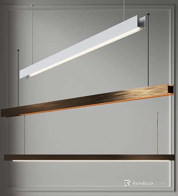 Modern Linear Pendant Light With Wooden Frame And Warm Glow In Interior Space 3d model 