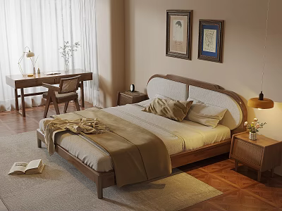 Cozy Modern Bedroom Interior With Wooden Bed Nightstand Desk And Wall Art 3d model