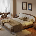 Cozy Modern Bedroom Interior With Wooden Bed Nightstand Desk And Wall Art