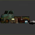 Vintage Rustic Household Items Collection With Rusty Truck Old Sofa And Carpet