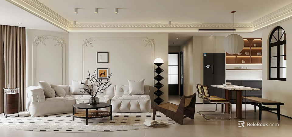 Elegant Modern Open Living Dining Area Interior With Sofa Dining Table Artwork And Pendant Light 3d model 